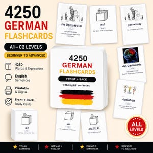 Pode incluir: Um conjunto de 4250 flashcards de alemão para níveis A1-C2, com cartões de estudo frente e verso que incluem frases em inglês. Os cartões exibem ilustrações em preto e branco, palavras em alemão e frases de exemplo com a bandeira alemã.