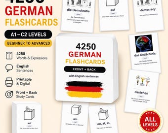 4250 tarjetas de vocabulario alemán / Niveles A1-C2, tarjetas de estudio alemán-inglés (descarga en PDF)