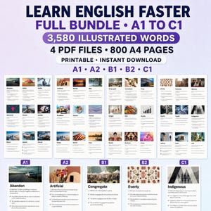Op de afbeelding: Een digitaal educatief pakket getiteld LEARN ENGLISH FASTER FULL BUNDLE A1 TO C1, met 3.580 geïllustreerde woorden in 4 PDF-bestanden en 800 A4-pagina's. De lay-out toont meerdere woordenschatkaarten met afbeeldingen, definities en zinnen.