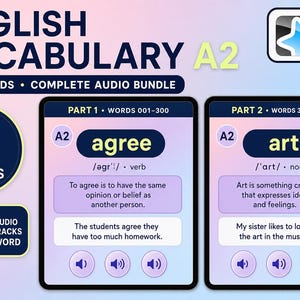 Può includere: Risorsa digitale per l'apprendimento del vocabolario inglese per Anki con 600 parole in due mazzi. L'interfaccia mostra parole di livello A2 come agree e art con definizioni, frasi di esempio, trascrizioni fonetiche e tre icone audio per parola.