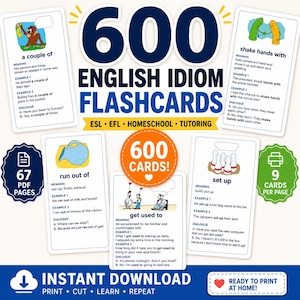 Può includere: Un set di 600 flashcard di idiomi inglesi per ESL, EFL, istruzione domiciliare e tutoraggio. Le carte presentano illustrazioni, significati, esempi e dialoghi. Include 67 pagine PDF con 9 carte per pagina, download istantaneo da stampare a casa.