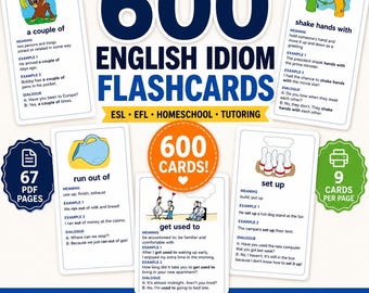 600 tarjetas ilustradas de modismos en inglés – Tarjetas imprimibles para el aprendizaje del inglés como segundo idioma (ESL) en formato PDF.
