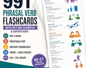 991 tarjetas didácticas de verbos frasales: PDF imprimible con ejemplos ilustrados y definiciones.