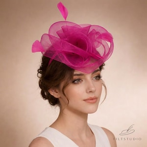 May include: A vibrant fuchsia fascinator with a layered, rose-like design. The headpiece features a sheer, netted fabric and is accented with a single feather. The accessory is worn on the head and is suitable for special occasions.