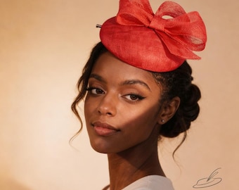 Red Fascinator Hat with Bow, Elegant Wedding Headpiece, Derby Party Hair Accessory