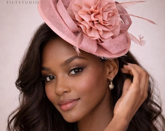 Blush Pink Fascinator Hat, Wedding Headpiece, Derby Hat, Elegant Feather Mesh Hair Accessory, Luxury Statement Headpiece