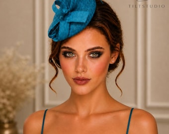 Peacock Blue Fascinator Hat, Elegant Wedding Headpiece, Derby Race Hat, Satin Cocktail Hair Accessory