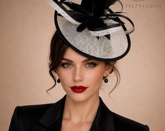 Black White Sinamay Fascinator Hat, Elegant Derby Race Day Headpiece, Feather Cocktail Accessory