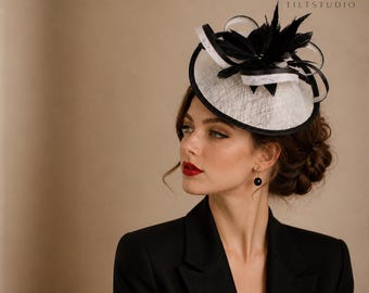 Black White Sinamay Fascinator Hat, Elegant Feather Derby Headpiece, Wedding Guest Accessory