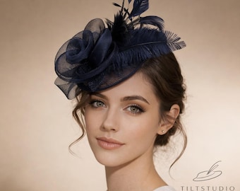 Sombrero tocado azul, elegante adorno para el cabello de novia, accesorio de plumas para el cabello de novia, sombrero Derby