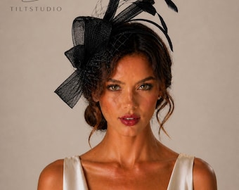 Sombrero tocado negro, elegante adorno para el cabello con plumas, accesorio para el cabello de invitada de boda, sombrero Derby.