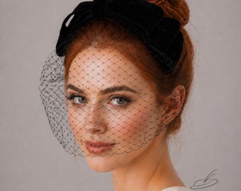 Black Velvet Bow Fascinator Headpiece with Birdcage Veil, Elegant Occasion Hat