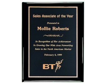 Award Plaques | Engraved Black Piano Finish Wall Plaque with Black Brass Plate, Choice of size