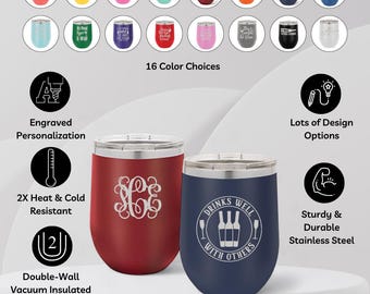 Custom Engraved Wine Tumbler with Lid, 12 oz. Personalized Stemless Wine Tumbler, Insulated Wine Glass, Stainless Steel Wine Glass