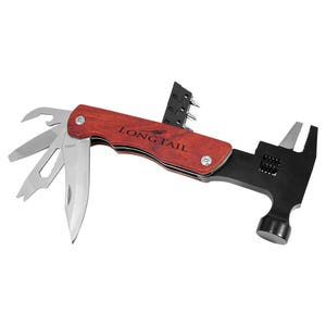 May include: A multi-tool with a wooden handle and various implements, including a knife, file, and bottle opener. The tool also features a hammer and adjustable wrench. The text "LONGTAIL" is printed on the wooden handle.