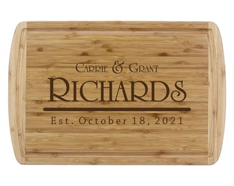 Grooved Edge Couples Bamboo Cutting Board, Monogrammed Cutting Board, Wedding Gift Cutting Board