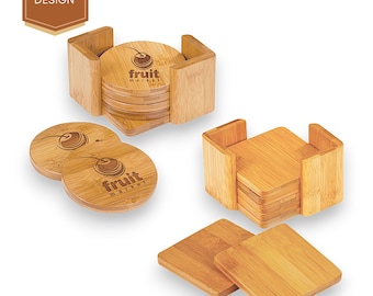 May include: Wooden coasters with a cherry logo and the text "fruit market" are displayed in the image. The coasters are round and square, and are stored in matching wooden holders. The phrase "CHOOSE YOUR DESIGN" is in the upper left corner.