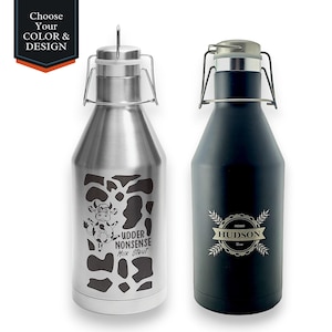 Personalized Beer Growler, Vacuum Insulated Growler with Swing-Top Lid, Black or Stainless Steel,  64 oz.