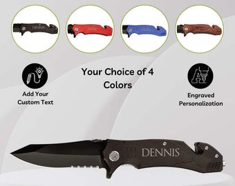 Personalized Spring Assisted Rescue Pocket Knife w/ Clip, Stainless Steel Blade, Glass Breaker, Seatbelt Cutter - 4 Handle Options