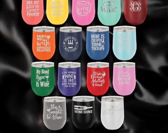 Custom Wine Tumbler, Wedding Party Gifts, Insulated Stemless Wine Glass, Custom Engraved Wine Tumbler, 12 oz w/Lid, Wine Lover Gifts