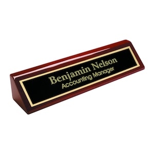 Personalized Desk Name Plate, Desk Wedge with Black Brass Plate, Gift for Teachers, Professionals | High Gloss Finish, Choice of Two Sizes