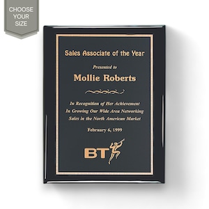 Award Plaques, Engraved Black Piano Finish Wall Plaque with Black Brass Plate, Choice of size