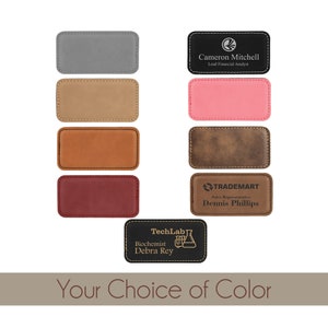 May include: Nine different color options for personalized leather name tags. The name tags are rectangular and have a stitched border. The name tags are shown with various names and titles, such as "Cameron Mitchell, Lead Financial Analyst" and "Dennis Phillips, Sales Representative".