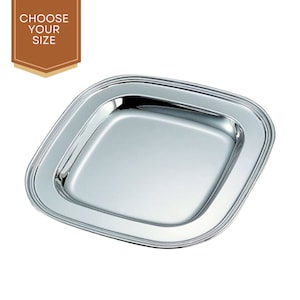 May include: A silver square serving tray with a raised rim and a smooth, polished surface.