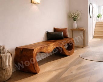 Banco de entrada de madera maciza tallado a mano, banco de pasillo con diseño de ondas orgánicas, asiento de madera escultural, banco moderno minimalista para sala de estar.