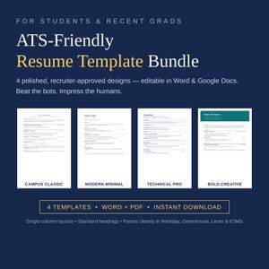 ATS-Friendly Resume Bundle for Students, 4 Editable Word Templates (Digital Download)