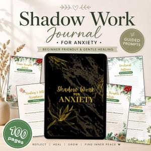 May include: A journal titled "Shadow Work Journal for Anxiety" with "Guided Prompts" and "100 pages." The cover is black with gold floral accents. The journal includes prompts for beginner-friendly and gentle healing.