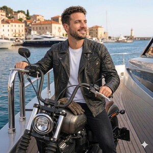 Può includere: Giacca da moto in pelle nera con design trapuntato su spalle e braccia. La giacca ha un classico stile biker con zip frontale e tasche multiple. La giacca è indossata sopra una maglietta bianca.