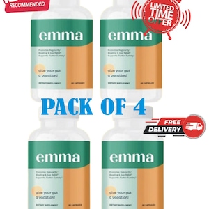 4 PACK Emma Gut Health Doctors Endorsed Supplement - 60 Capsules - Relief from Gas and Bloating, Repairs Leaky Gut with Magnesium, Berberine