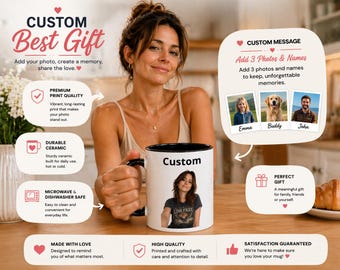 Custom Photo Mug with 3 Photos & Names | Personalized Family Pet Gift | 11oz 15oz Mug