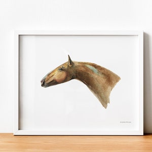 May include: A watercolor painting of a brown horse's head and neck, viewed in profile. The horse has a white patch on its neck.