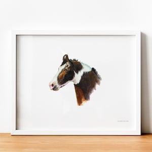 Pode incluir: Uma pintura em aquarela da cabeça de um cavalo marrom e branco. O cavalo está olhando para a esquerda e tem uma estrela branca na cara.