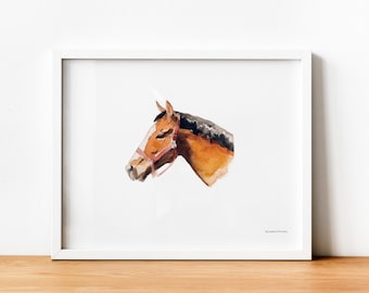 Bay Horse in Halter Watercolor Portrait Print by Candice of Piq Design