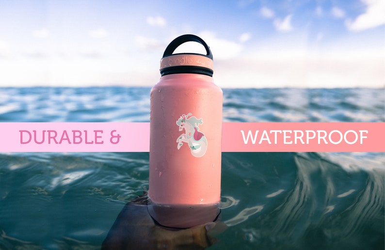 Pode incluir: Uma garrafa de &aacute;gua rosa com tampa e al&ccedil;a pretas. A garrafa tem um adesivo de sereia. A garrafa est&aacute; flutuando no oceano. O texto "DURABLE & WATERPROOF" est&aacute; em uma faixa rosa.