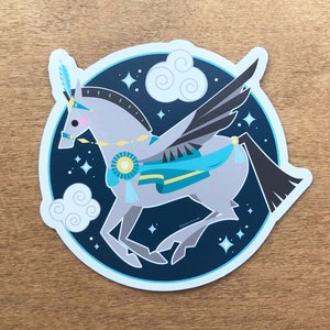 May include: A gray winged horse with a blue and yellow sash and a blue ribbon around its neck. The horse is flying against a dark blue background with white clouds and stars.