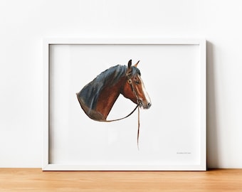 Western Bridled Bay Horse Watercolor Portrait Print by Candice of Piq Design