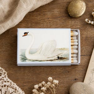 May include: A rectangular matchbox featuring a detailed illustration of a white swan swimming on water. The swan has a long neck, orange beak, and black facial markings. The matchbox is partially open, revealing a row of wooden matches with white tips.