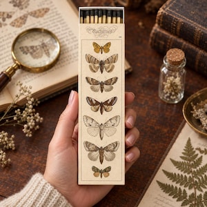 May include: A rectangular matchbox featuring a cream-colored label with the text Nocturnes and a vertical series of seven detailed moth illustrations in shades of brown, tan, and cream. The box contains wooden matches with black tips at the top.