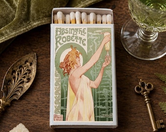 Omslag till tändsticksask med absint, vintage-affisch i jugendstil, samlarobjekt, heminredning för ljus och rökelse