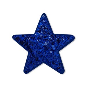 May include: A blue sequined star-shaped patch. The patch is a vibrant shade of blue, with each point of the star clearly defined. The sequins are densely packed, creating a shimmering effect. The patch is likely for decorative purposes.