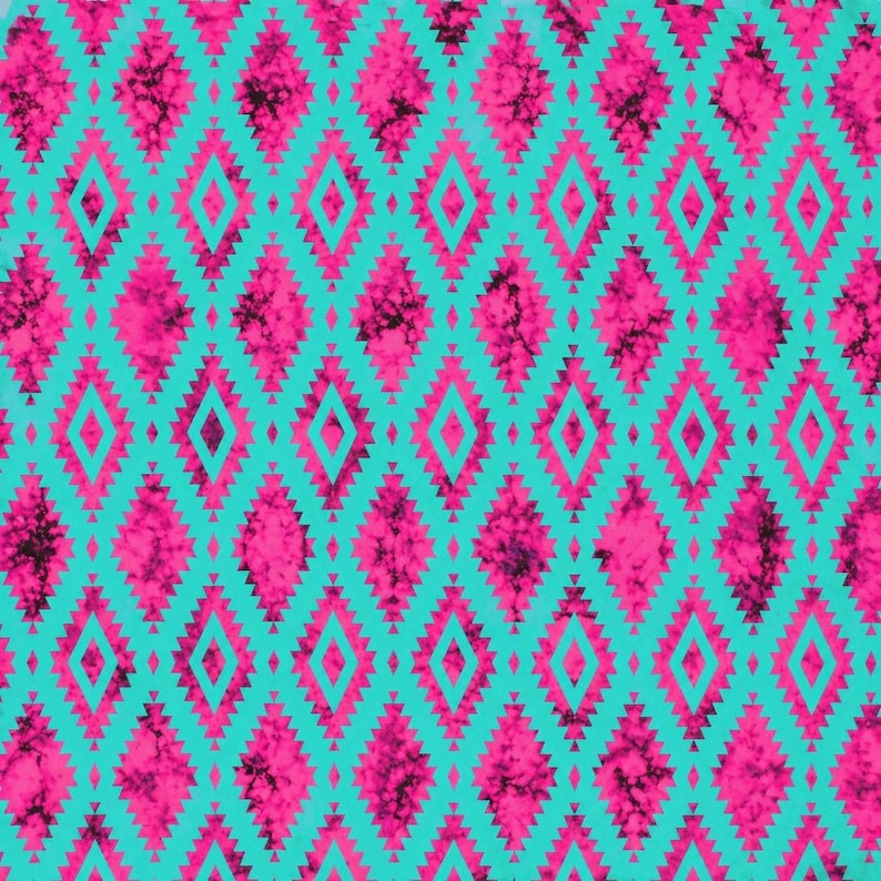 May include: A vibrant pattern featuring a repeating diamond design. The diamonds are outlined in turquoise and filled with a textured pink and black pattern. The overall design has a Southwestern or tribal aesthetic.