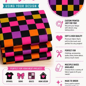 Könnte beinhalten: Individuell bedruckter Stoff mit einem lebendigen Karomuster in Schwarz, Orange, Lila und Pink. Der Stoff ist in gefalteten Lagen dargestellt. Der Text auf dem Bild enthält CUSTOM PRINTED FABRIC USING YOUR DESIGN, PERFECT FOR YOUR NEXT PROJECT und WWW.SHOPFANCYFABRICS.COM.