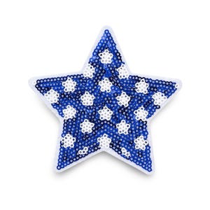 May include: A blue star-shaped decoration with white floral accents. The star has a white border and is filled with small white floral shapes on a blue background. The design is reminiscent of the American flag.