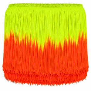 May include: A skirt featuring long, dense fringe that transitions from a vibrant neon yellow at the waistband to a bright, saturated orange at the hem. The garment is constructed with a textured, braided top band and numerous thin, vertical strands.