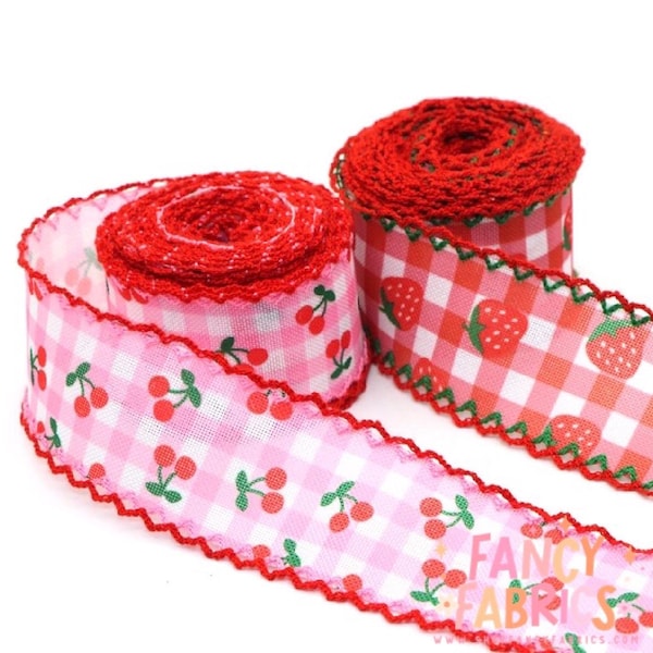 Cinta de cuadros frutales / Estampado de cerezas y fresas, doble gancho, borde de ganchillo, 3,8 cm de ancho