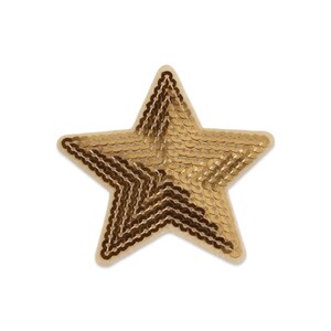 May include: A five-pointed star-shaped patch covered in metallic gold sequins. The sequins are arranged in concentric rows following the star's outline, creating a textured, reflective surface with a light-colored fabric border visible at the edges.